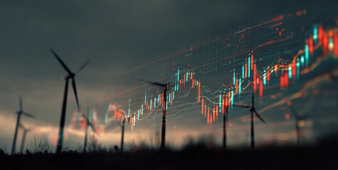 Wind turbines at dusk, overlaid with financial charts