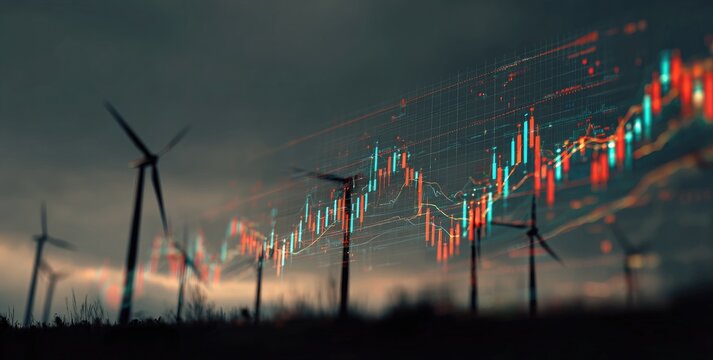 Wind turbines at dusk, overlaid with financial charts