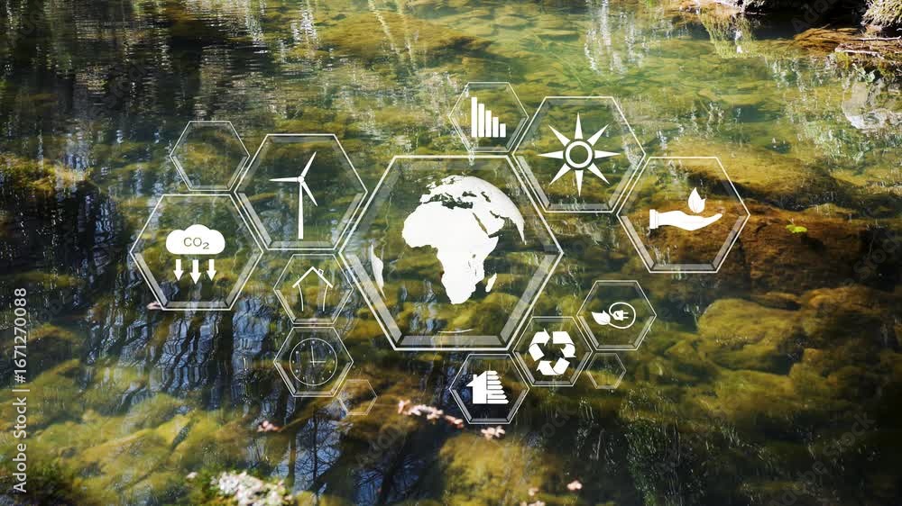 Poster eco icons on a magical reflection in a magical river with slow-motion waves.