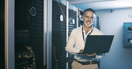 Laptop, portrait and cybersecurity with man in server room for data center, network or systems. It...