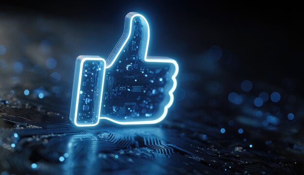 Glowing thumbs-up icon on circuit board