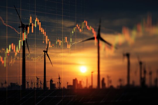 Sunset over wind turbines and solar panels with stock market graphs overlaid