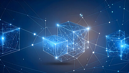 Glowing Blue Cubes Connected in a Digital Network
