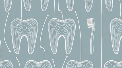 Seamless dental pattern with abstract tooth outlines and toothbrush on muted blue background, modern minimal design symbolizing oral care and cleanliness