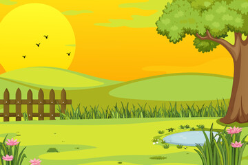 A serene cartoon landscape with a tree and fence at sunset time outside