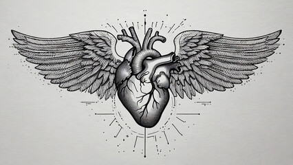 “Hand-Drawn Heart with Wings on White Background – Romantic Sketch Illustration”