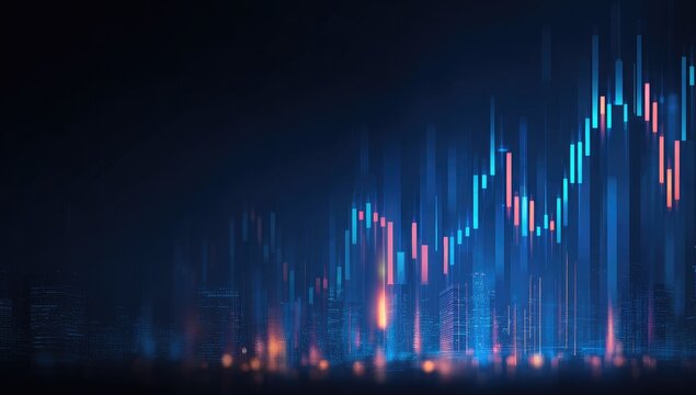 Abstract financial chart over a cityscape at night. Vivid colored candlestick patterns against a dark background
