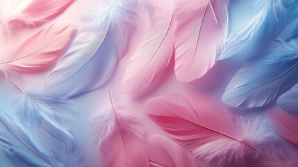 Fototapeta premium Artistic background featuring soft, pastel-colored feathers arranged in a minimalist pattern, exuding serenity and an aesthetic vibe, Generative AI