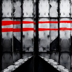 Harsh Brutalist Symmetry with Black and White Contrast, Blood Red Streaks, and Industrial Geometric Abstract Design