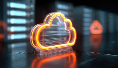 Neon cloud icon in a server room