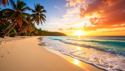 Idyllic tropical beach sunset; calm waves lap the pale sand, palm trees line the shore