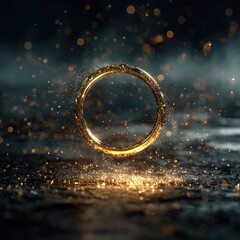 Golden ring floats in dark, sparkling scene
