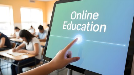 Empower learning with digital resources, a student engages with modern online education technology in a bright classroom setting.