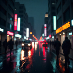 Fototapeta premium Rainy city street scene with glowing lights and blurred reflections creating moody atmosphere