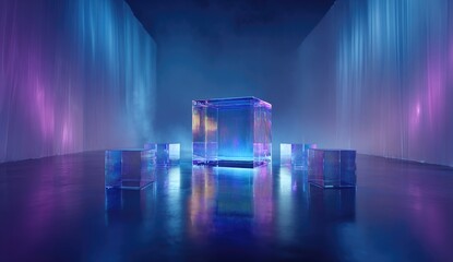 Abstract, iridescent cubes bathed in vibrant neon light