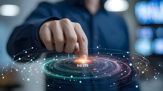 Businessman activating futuristic 5G LTE network technology with glowing digital interface and connected data streams