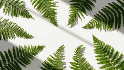 A flat lay design featuring vibrant fern leaves arranged symmetrically against a bright white backdrop, showcasing soft, diagonal shadows cast by natural light.