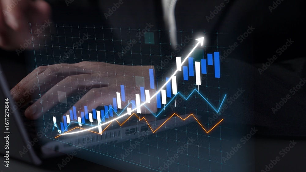 Poster a business professional analyzes financial data on a laptop, focusing on digital graphs that highlig