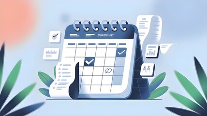 Organize your life with this modern checklist and calendar illustration, featuring tasks completed and important dates marked for productivity.