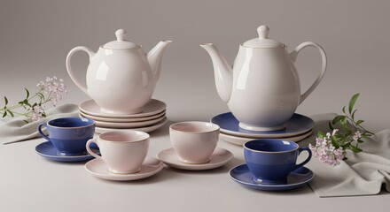 Fototapeta premium Elegant Porcelain Teapots and Cups on a Soft Gray Background