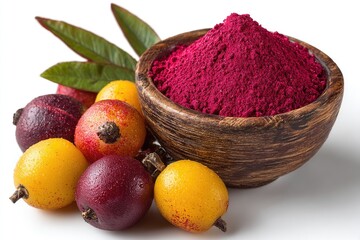 Purple powder in bowl, with fruits