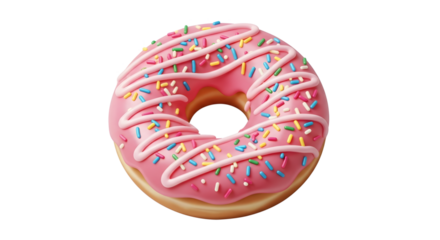 Delicious pink frosted donut with colorful sprinkles tempts with sweet sugary goodness and playful design