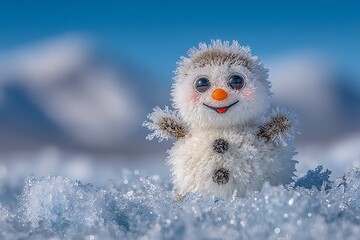 Adorable snowman toy with frost on frozen ice field with blurred mountain background.