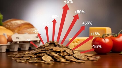 Pile of Gold Coins Representing Inflation Rising Food Costs Displayed with Upward Red Arrows Bread Eggs Tomatoes and Cheese on a Wooden Table - Powered by Adobe