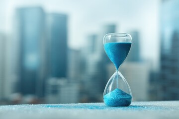 Blue hourglass on a ledge, cityscape blurred background
