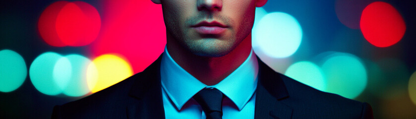 Close up of man wearing tailored black suit and tie with colorful blurred lights in background creating vibrant atmosphere