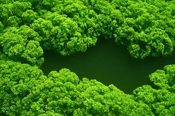 Aerial View of Lush Green Forest Canopy Over Dark Water with Natures Embrace.