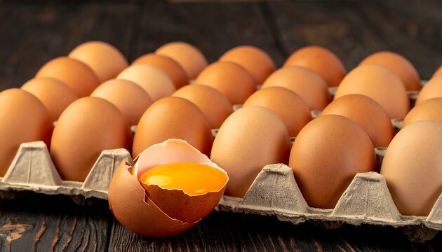 Carton of brown eggs, one cracked revealing yolk