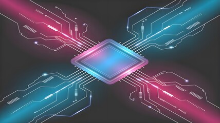 Dynamic digital circuit board glows with vibrant pink and blue energy, symbolizing advanced technology and innovation for modern business.
