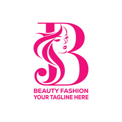 Beauty Fashion Woman Face Logo with Letter B Monogram and Elegant Hair Design in Pink
