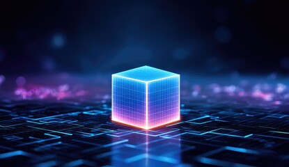Abstract glowing cube on a digital circuit board