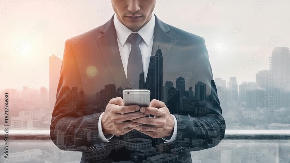 Poster man in suit using smartphone with city skyline double exposure against a bright background scene vie