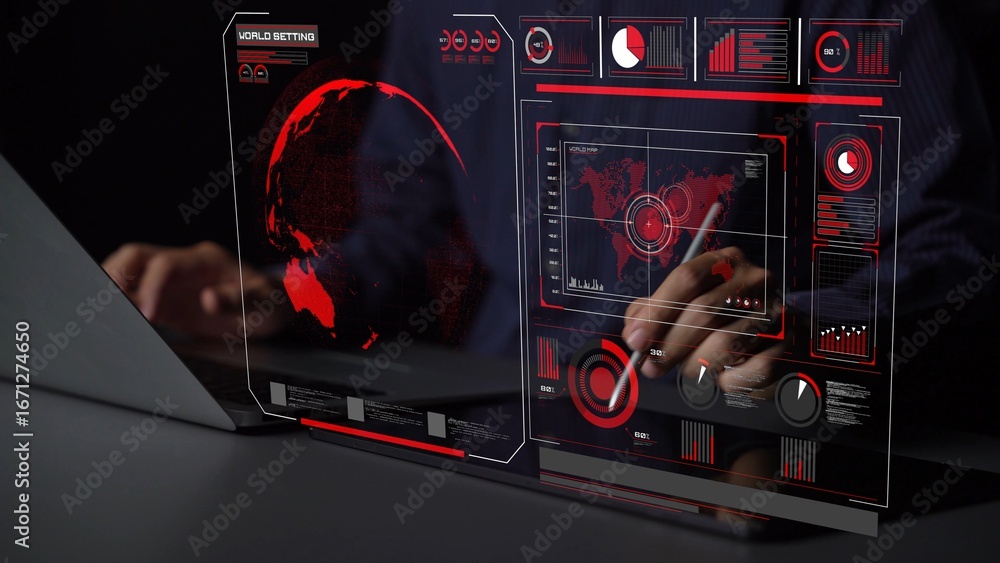 Poster high-tech global network connection interface showing worldwide digital communication, data exchange