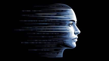 Captivating digital portrait blends human intelligence with data streams, symbolizing AI and technological evolution.