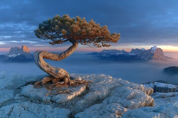 Fototapeta premium Ancient Pine Tree atop Rocky Peak with Misty Mountains at Sunset, and Serene Landscape.