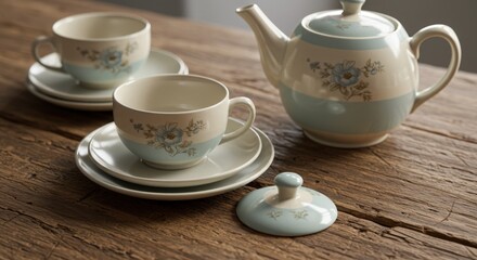Fototapeta premium Charming Vintage Tea Set with Floral Design on Rustic Wooden Table