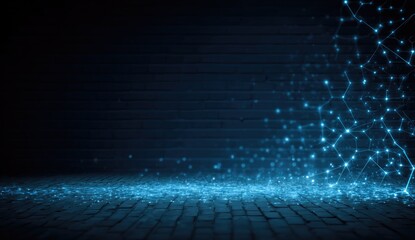 Dark room, glowing blue network on brick floor