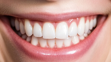 Close up of radiant smile showing healthy white teeth and pink lips, expressing happiness and good dental care