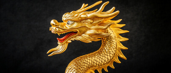 Golden dragon sculpture with detailed scales and fierce expression, symbolizing power and elegance in traditional art