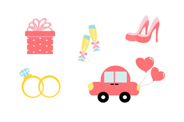 Naklejka premium Wedding Decorations Icon Vector Set with Romantic Love Elements