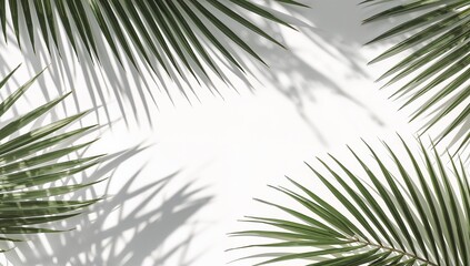 Obraz premium Fresh green palm fronds cast delicate shadows on a bright white backdrop, creating a tranquil and elegant aesthetic.