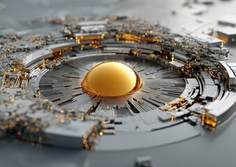 Futuristic Technology Conceptual Art with Metallic Gold and Silver Abstract Design Featuring Central Orb and Circuit Elements