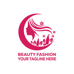 Beauty Fashion Woman Face Logo with Cosmetic Bottles, Hair Flow, and Floral Elements in Pink