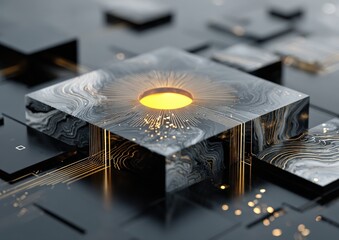 Futuristic Abstract Circuit Board with Glowing Central Core and Geometric Patterns Featuring High-Tech Electronic Design