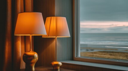 Obraz premium Warm table lamps by window ocean view