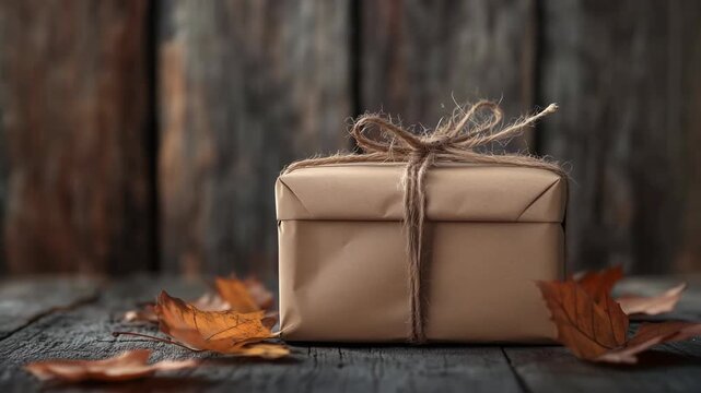 Rustic gift box wrapped in brown paper for autumn